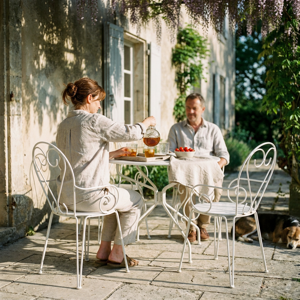Couple attablé autour d'un salon de jardin en acier ajouré, terrasse en pierre sous une glycine, esprit fer forgé